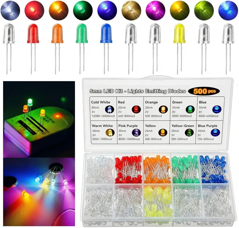 ElectricWise 10 Colors 500 Pcs 5mm LED Diode Lights Assored Kit - Bright Lighting Bulb Lamps, 5 mm LED Light Emitting Electronics Components for Science Project Experiment & DIY Project - Image 1